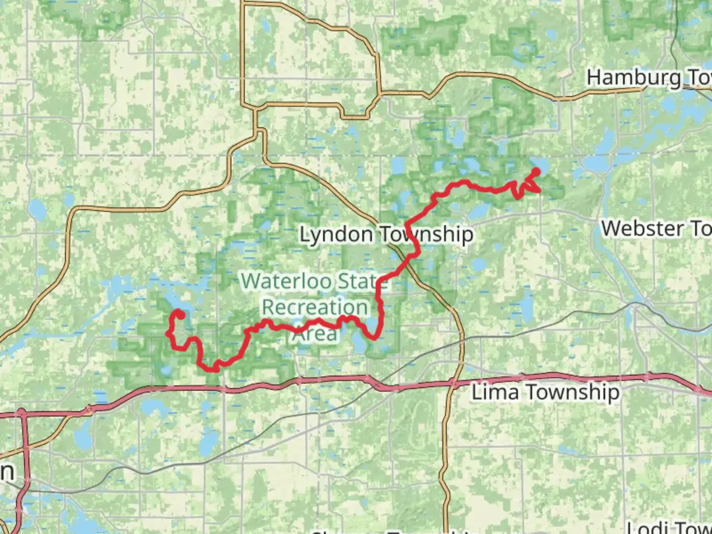 An image depicting the trail Waterloo Pinckney Trail and Potawatomi and Silver Lake Trail and its surrounding area.