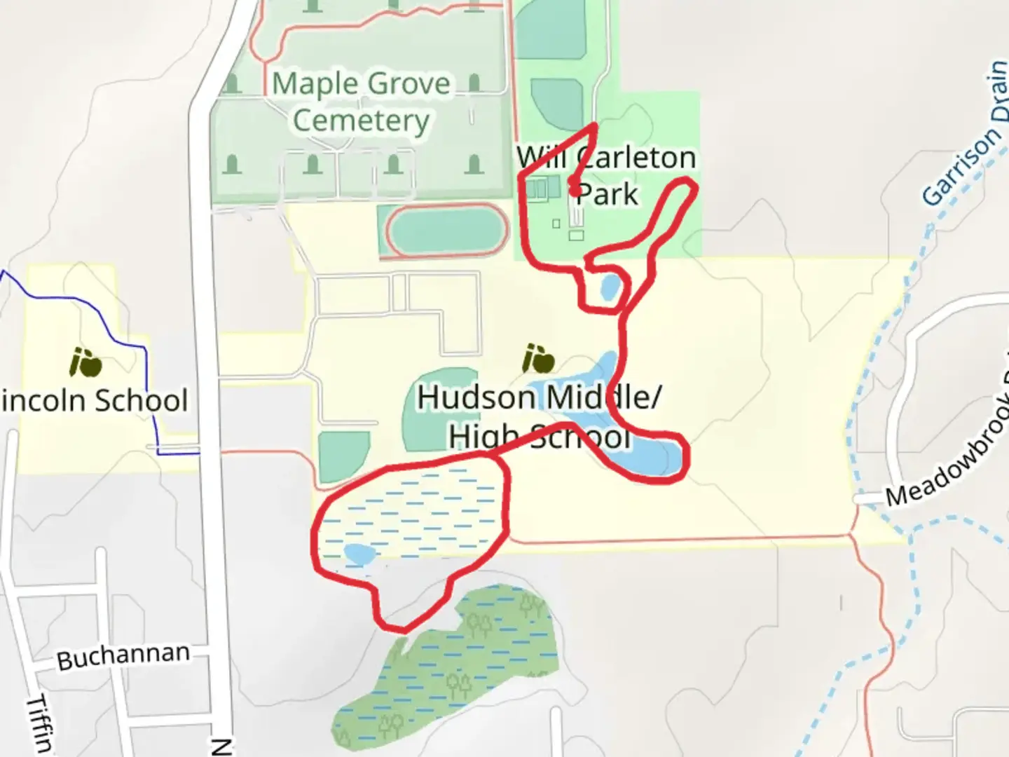 An image depicting the trail Will Carleton Park and Sunrise Meadows Trail and its surrounding area.