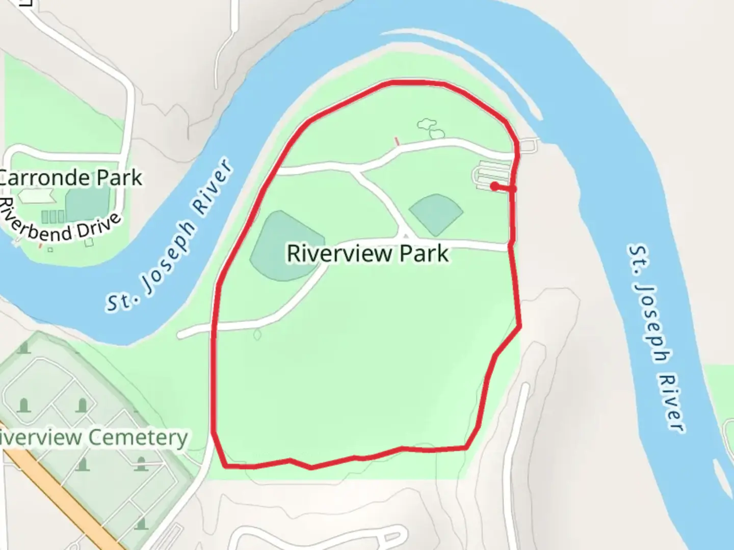 An image depicting the trail Riverview Park Loop and its surrounding area.