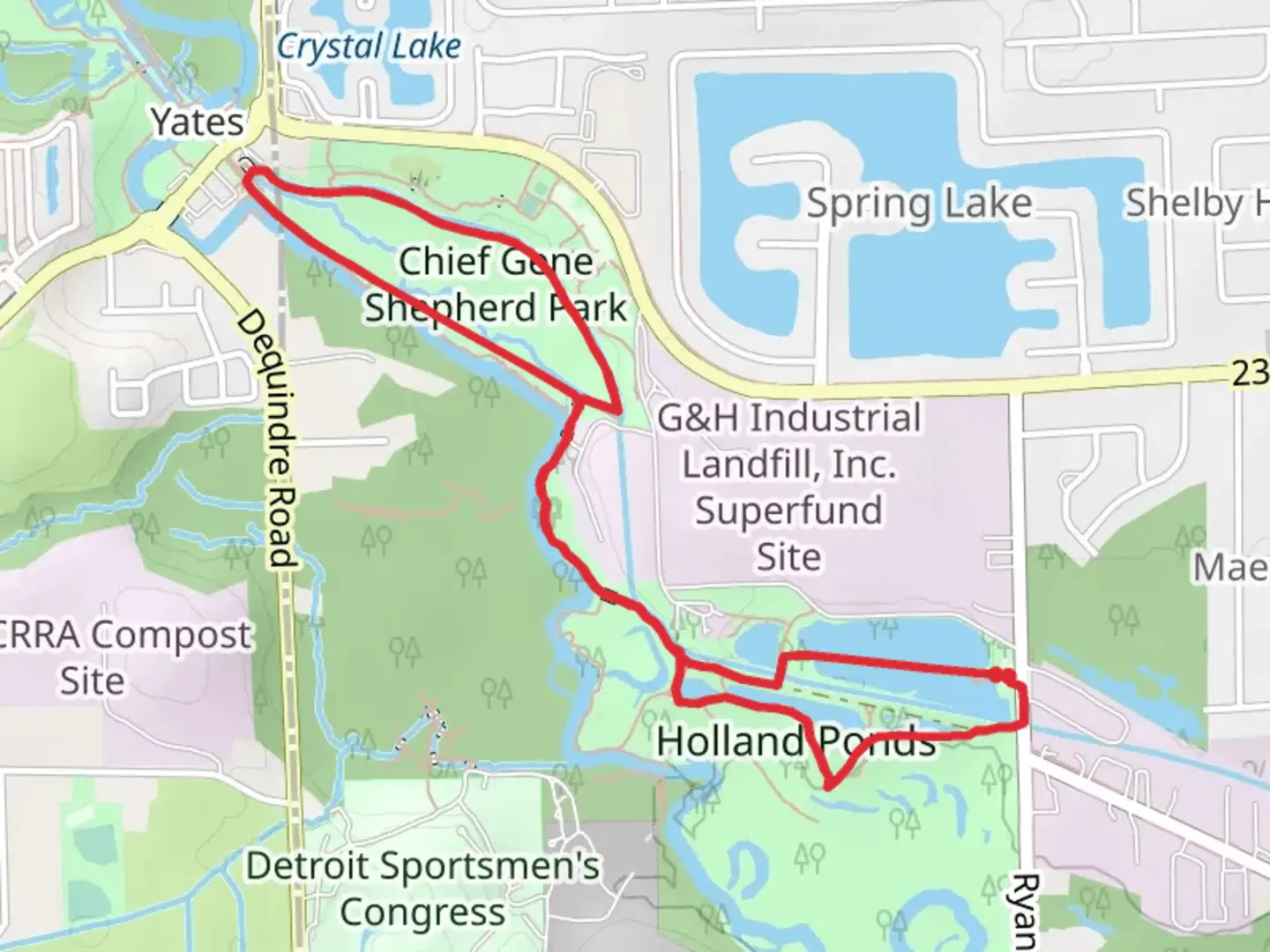 An image depicting the trail Chief Gene Shepherd Park to Holland Ponds Loop and its surrounding area.
