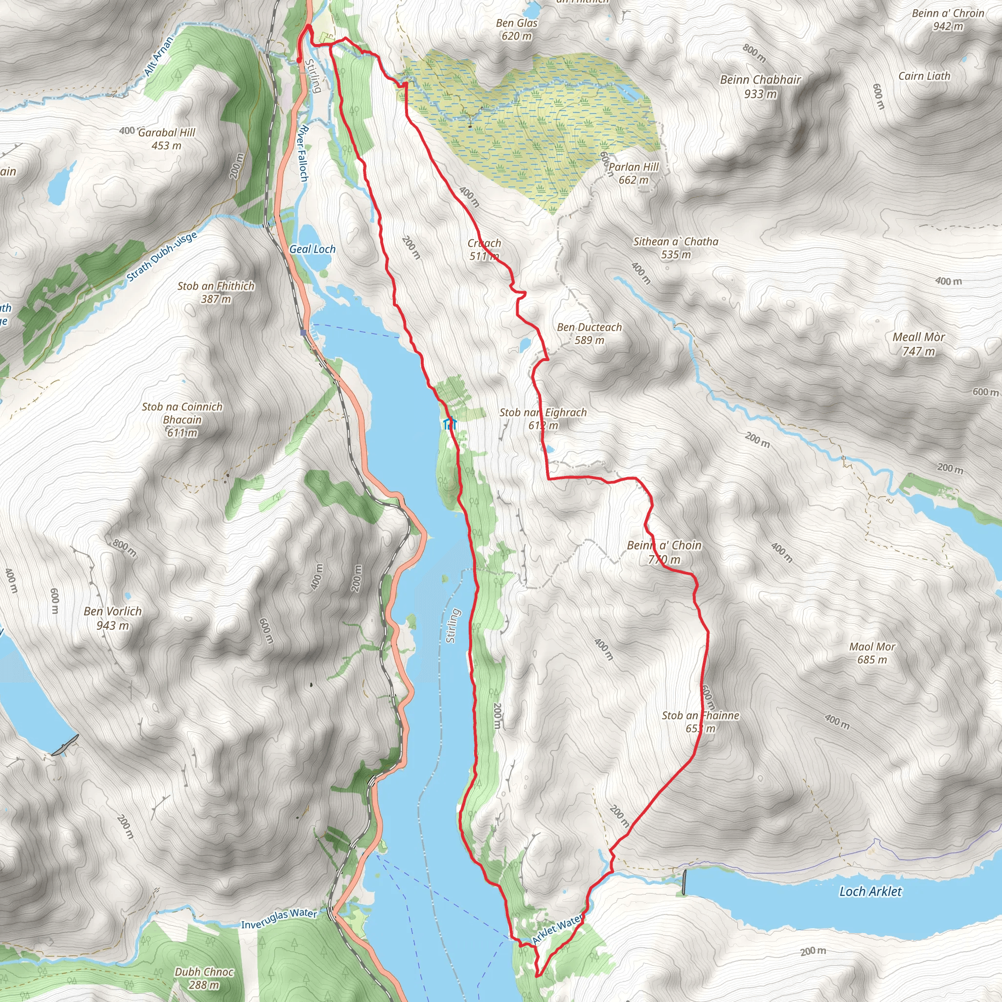 Beinglas Falls to Beinn a' Choin Loop from Inversnaid mobile static map