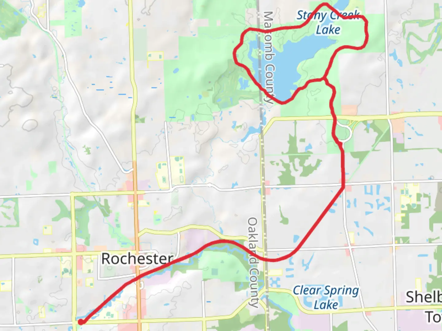 An image depicting the trail Stony Creek Lake via Clinton River Trail and Macomb Orchard Trail and its surrounding area.