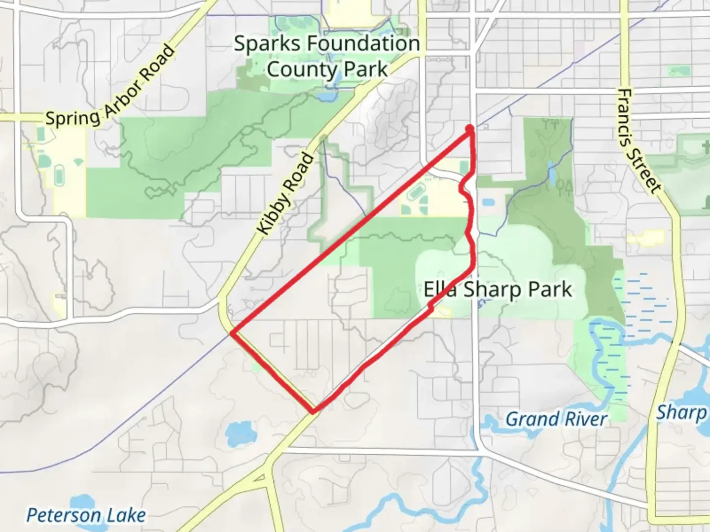 An image depicting the trail Ella Sharp Park Golf Course Loop and its surrounding area.