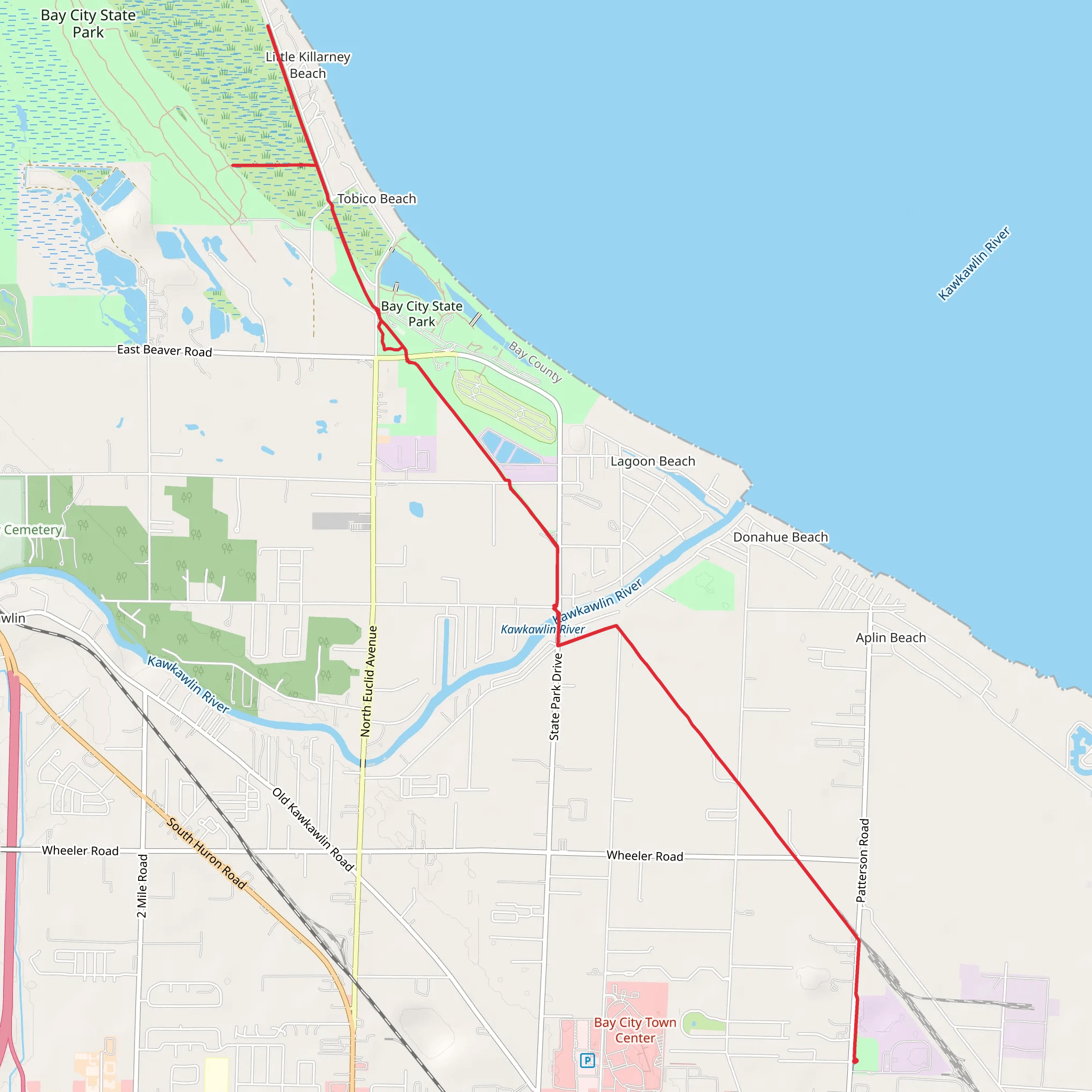 Kawkawlin River, Bay City State Park and Little Killarney Beach Walk mobile static map