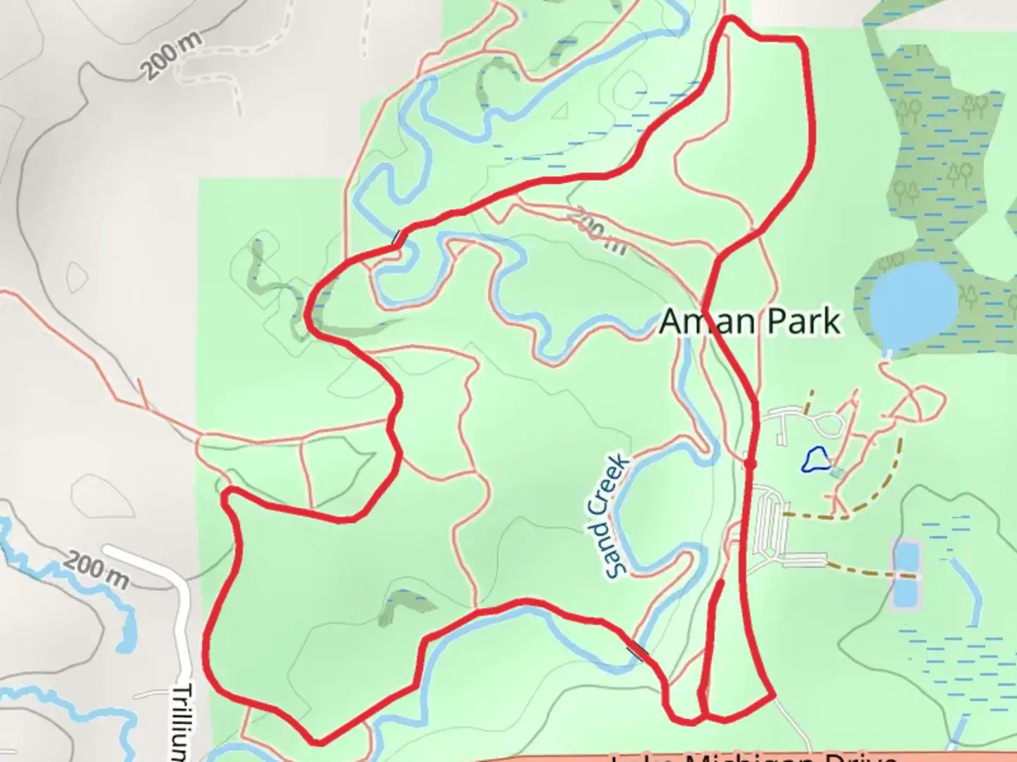An image depicting the trail Aman Park Loop and its surrounding area.