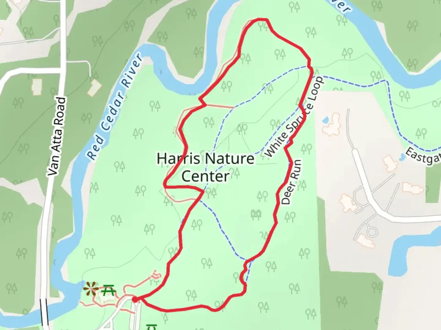 An image depicting the trail Harris Nature Center Loop and its surrounding area.