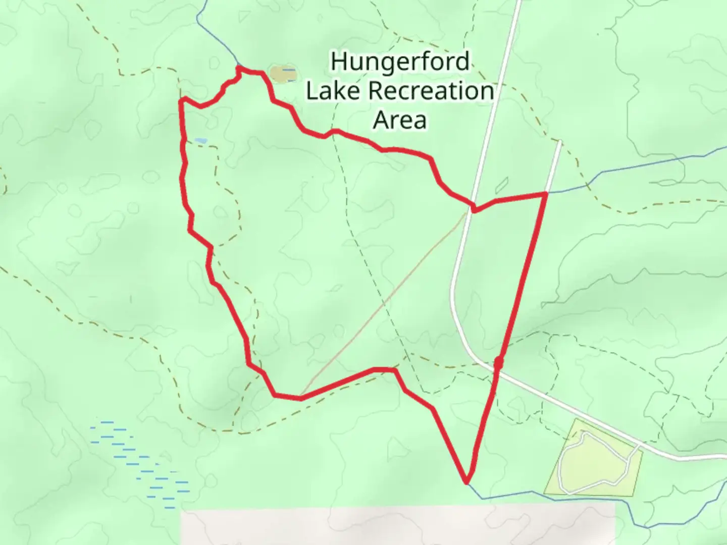 An image depicting the trail Hungerford Lake Recreation Area Loop and its surrounding area.