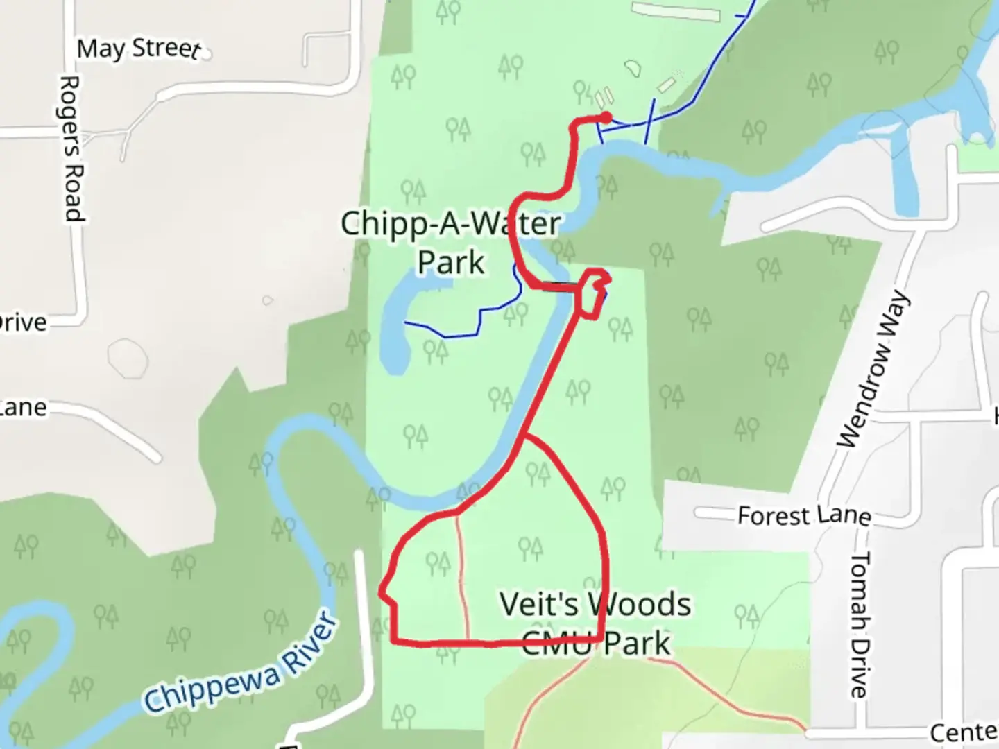An image depicting the trail Chipp-A-Water Park Loop and its surrounding area.