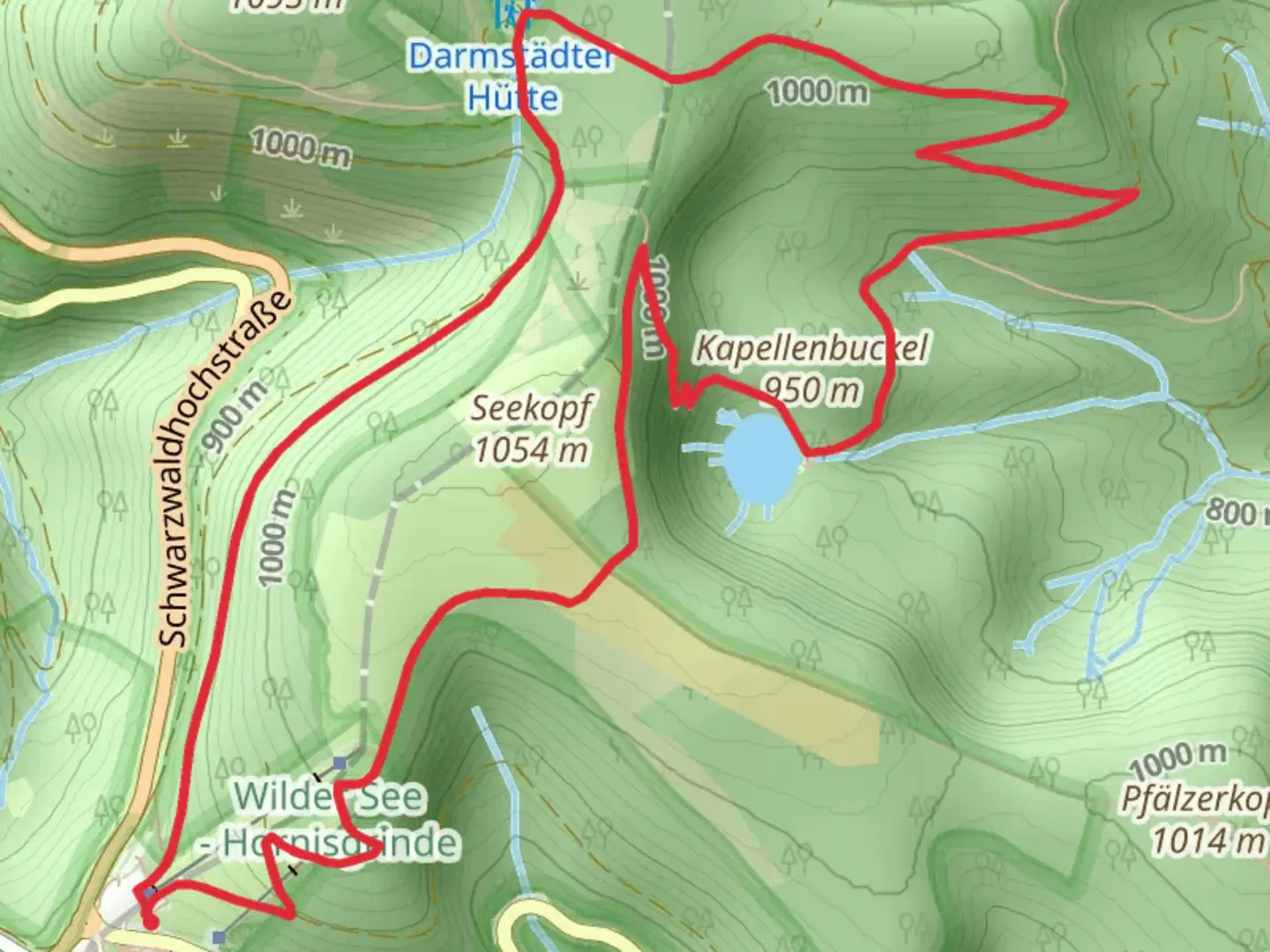 An image depicting the trail Kapellenbuckel, Wilder See and Schnurrenhansen Wald Loop via Ruhestein and its surrounding area.