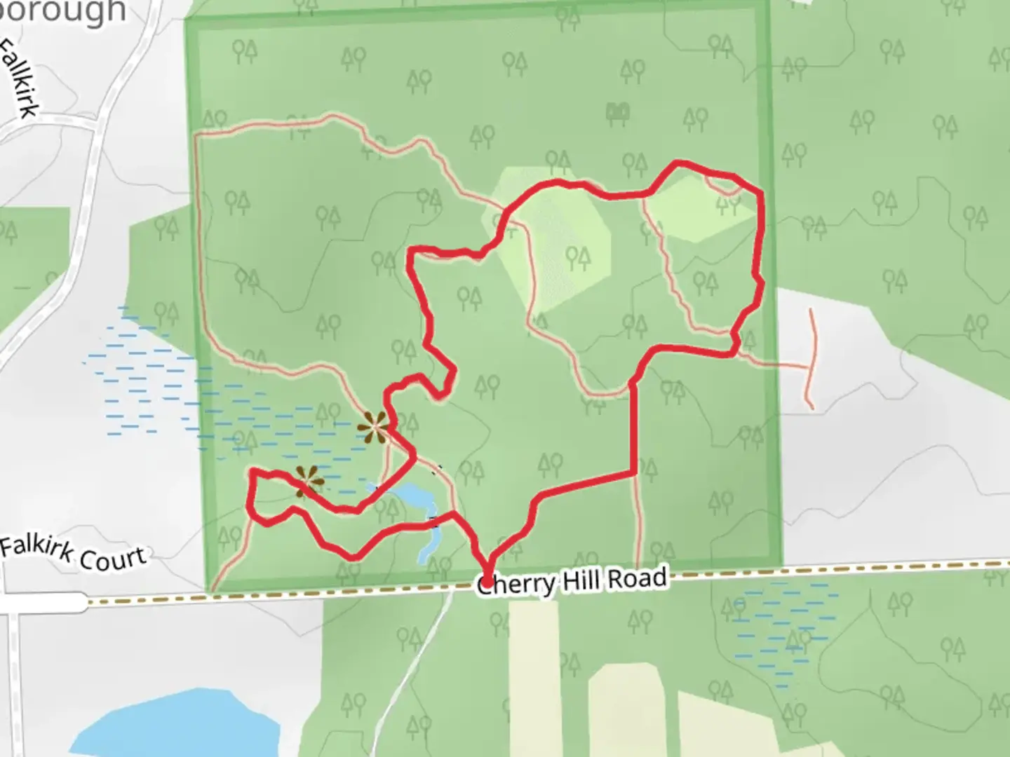 An image depicting the trail Cherry Hill Nature Preserve Loop and its surrounding area.