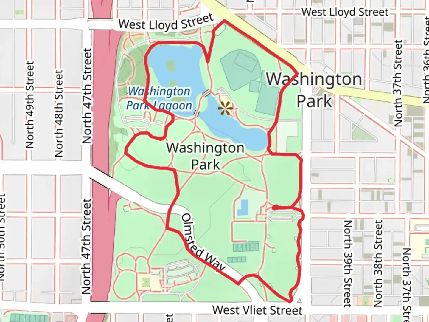 An image depicting the trail Washington Park Lagoon Loop and its surrounding area.