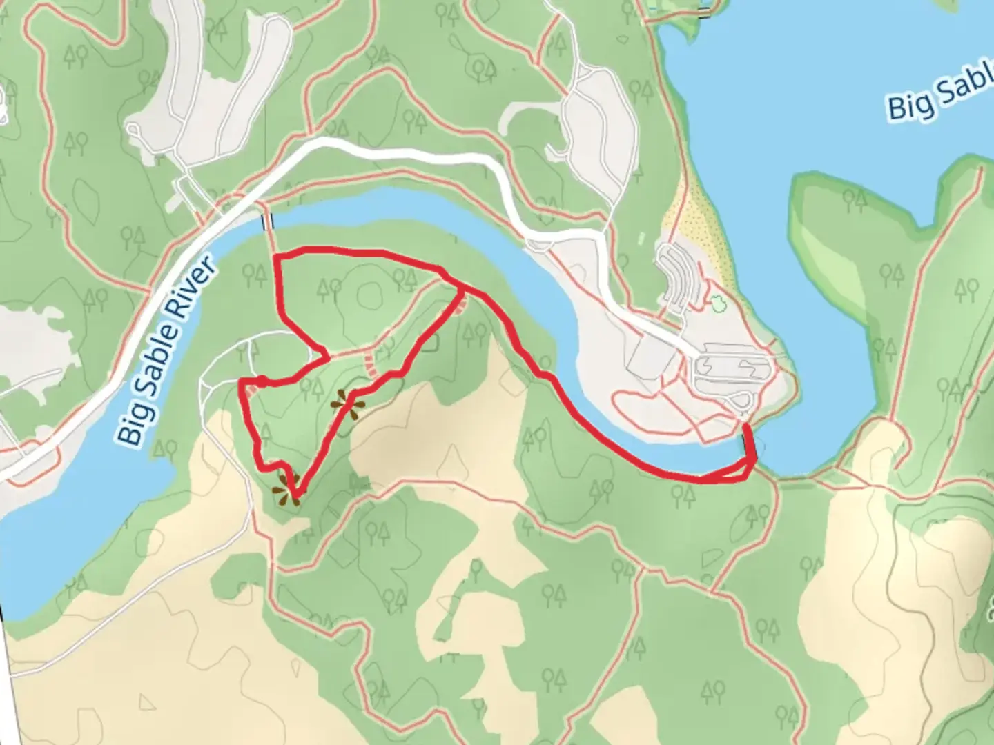 An image depicting the trail Sable River Trail and Skyline Trail Loop and its surrounding area.