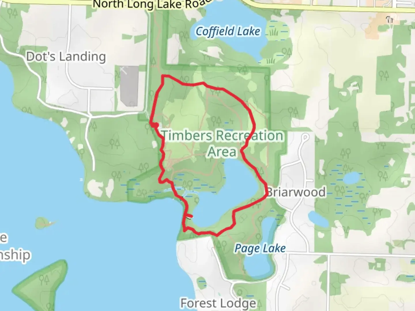 An image depicting the trail Timbers Recreation Area and Fern Lake Loop and its surrounding area.