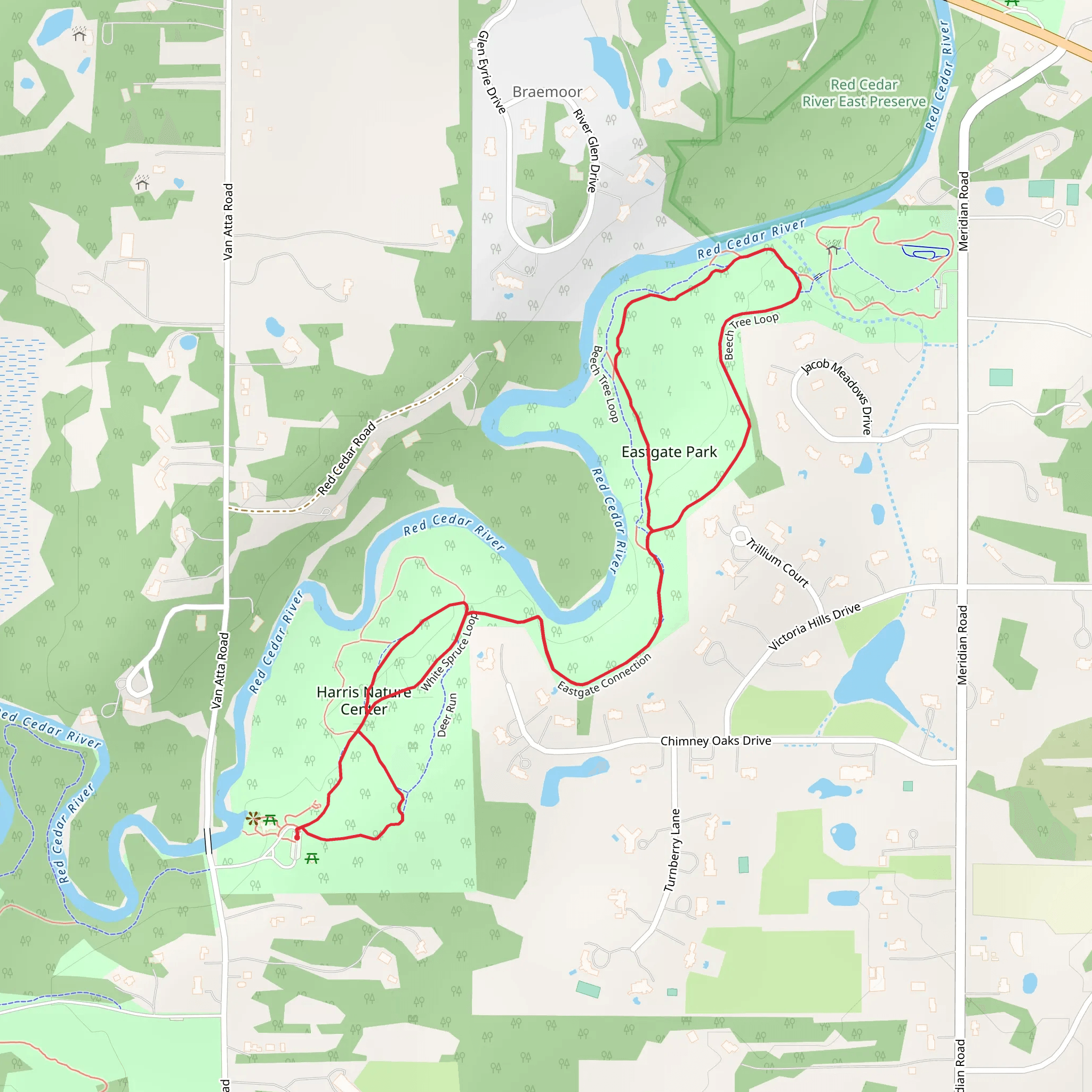 Harris Nature Center, White Spruce and Eastgate Connection Loop mobile static map