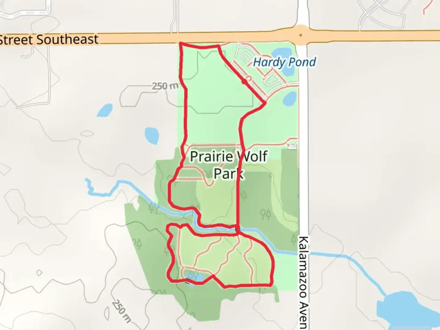 An image depicting the trail Prairie Wolf Park Loop and its surrounding area.