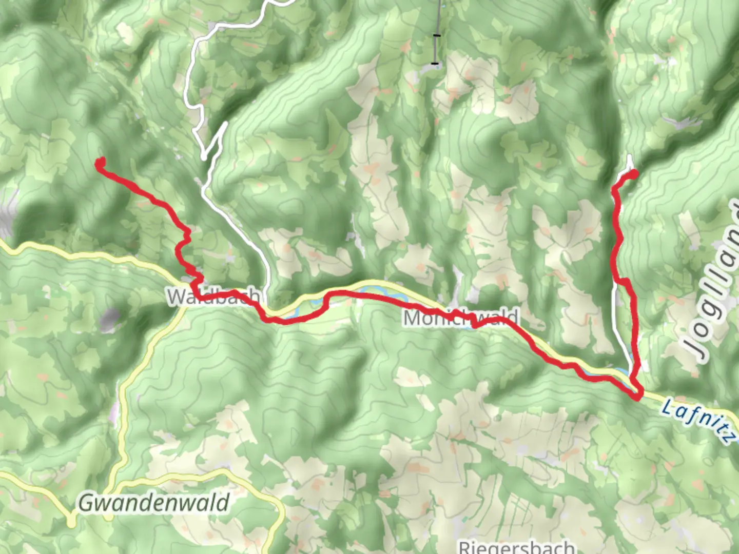 An image depicting the trail Waldbach - Mönichwald - Festenburg and its surrounding area.