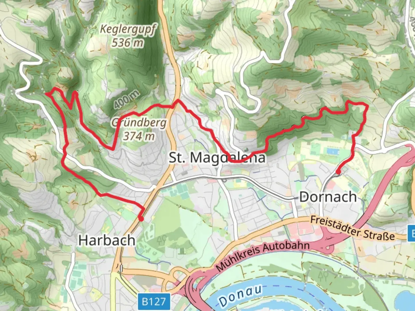 An image depicting the trail Harbachsiedlung to St Magdalena & JK University and its surrounding area.