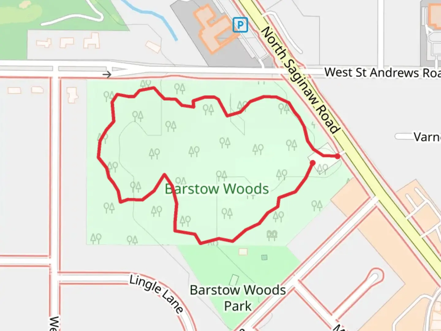An image depicting the trail Barstow Woods Loop and its surrounding area.