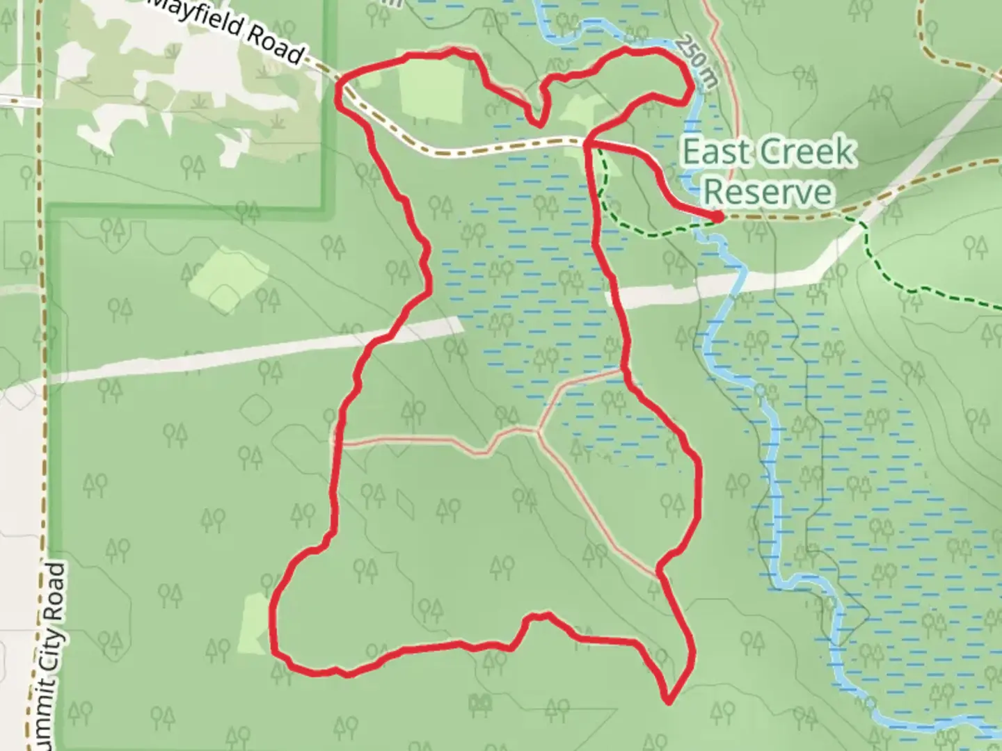 An image depicting the trail East Creek Reserve Loop and its surrounding area.