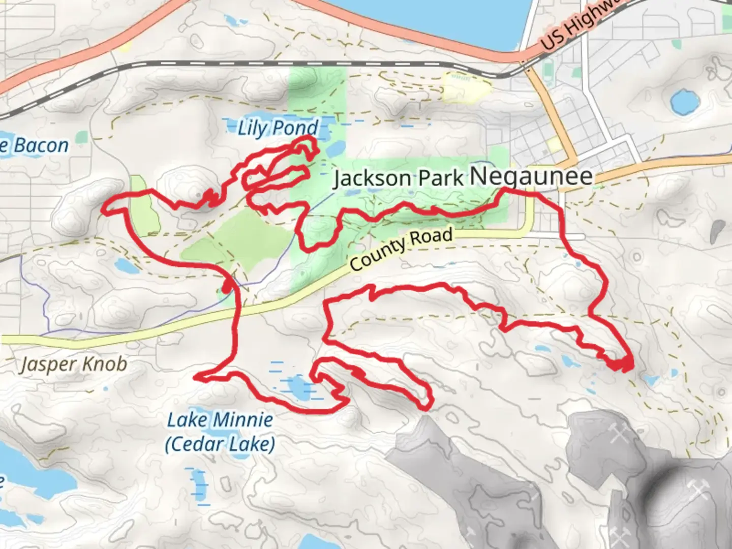 An image depicting the trail Lily Pond, Old Dump Trail and Carroll Jackson Loop Trail and its surrounding area.