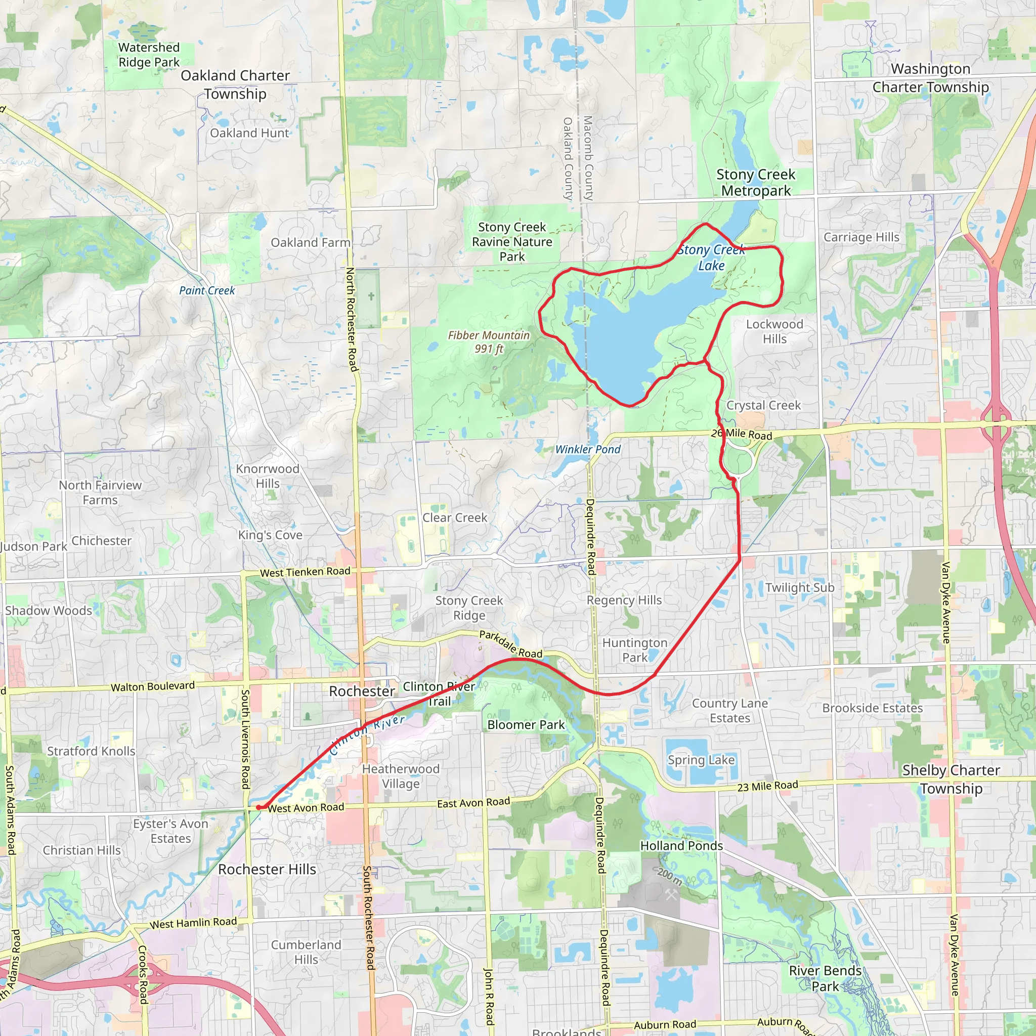 Stony Creek Lake via Clinton River Trail and Macomb Orchard Trail mobile static map