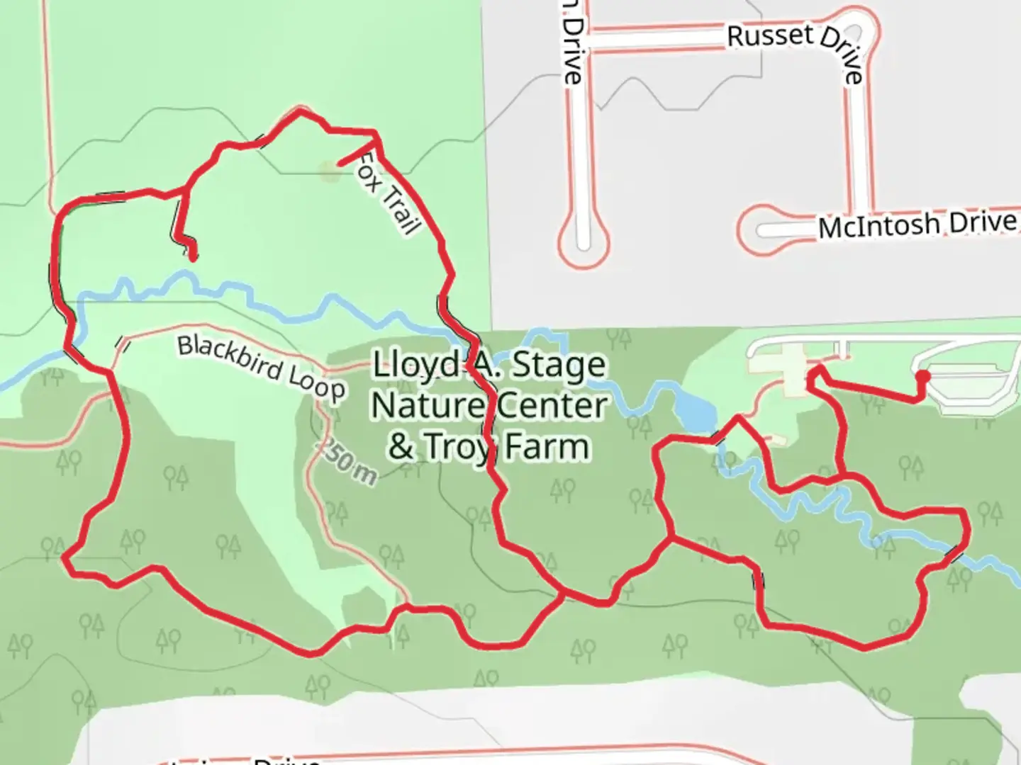 An image depicting the trail Blackbird and Sugar Maple Loop and its surrounding area.