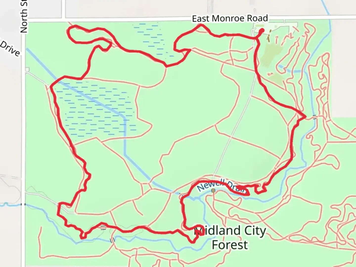 An image depicting the trail Midland City Forest Loop and its surrounding area.