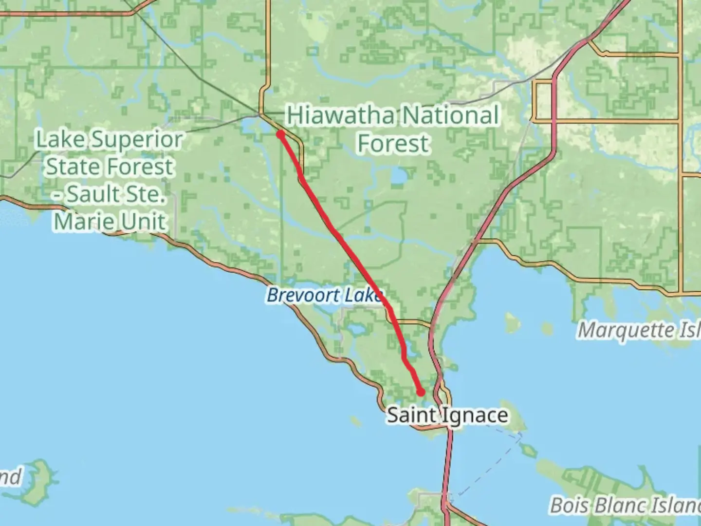 An image depicting the trail Saint Ignace Trout Lake Trail and its surrounding area.