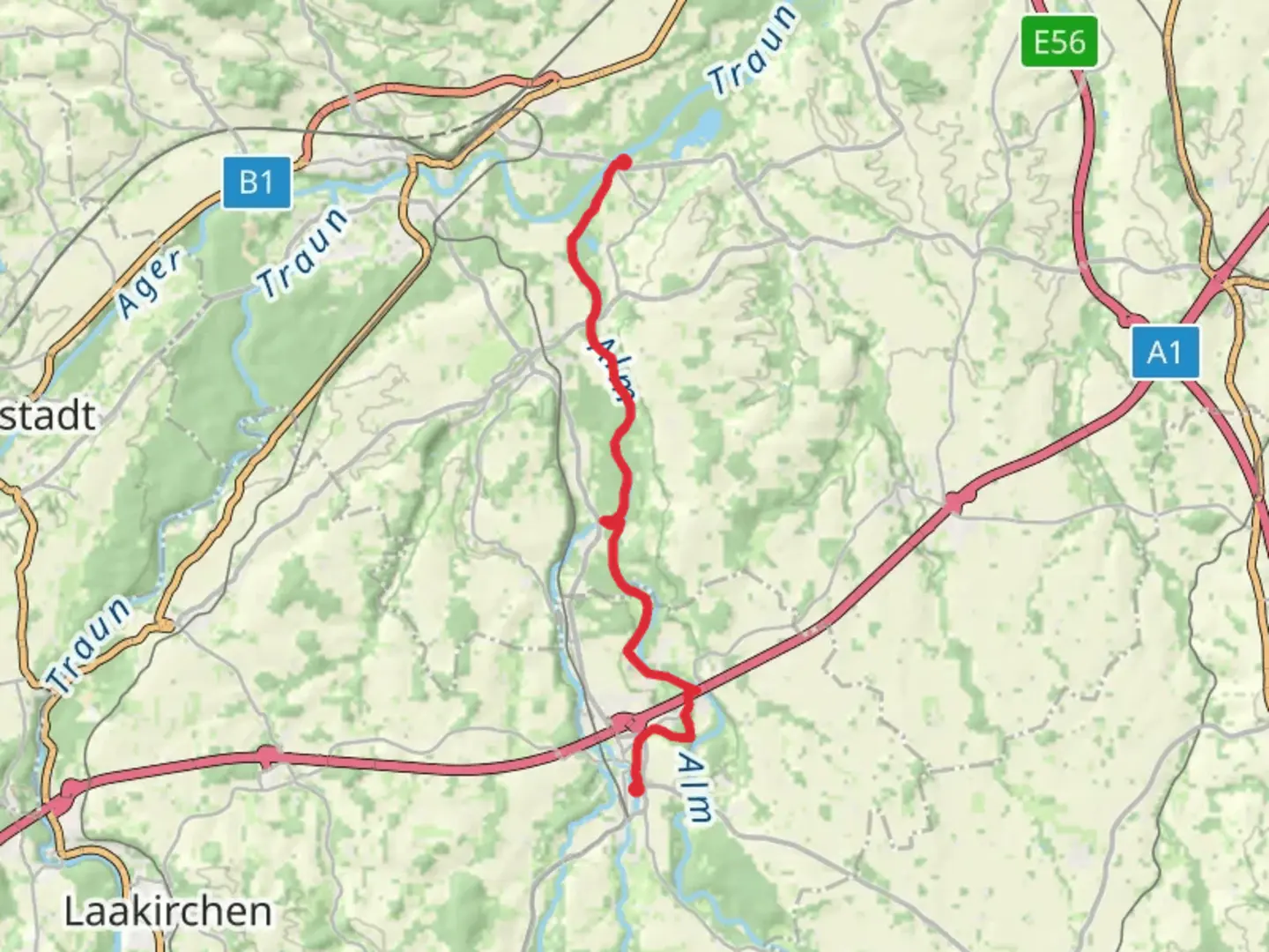 An image depicting the trail Walk along River Alm from Bad Wimsbach-Neydharting and its surrounding area.