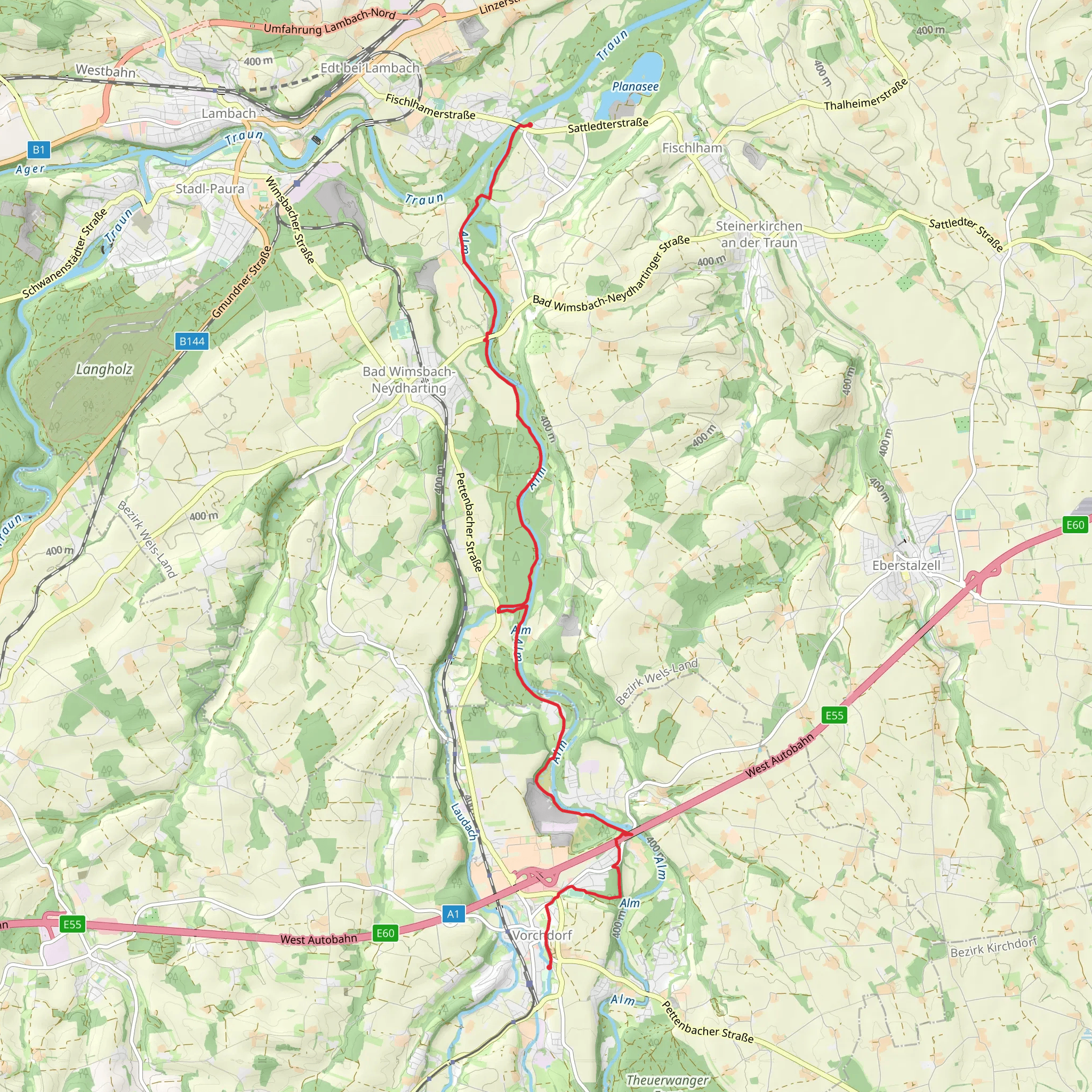 Walk along River Alm from Bad Wimsbach-Neydharting mobile static map