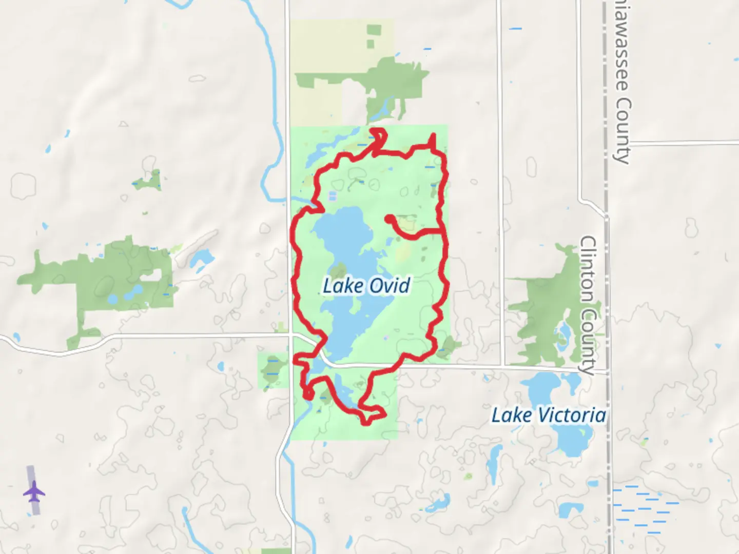 An image depicting the trail Lake Ovid and Little Maple river Loop and its surrounding area.