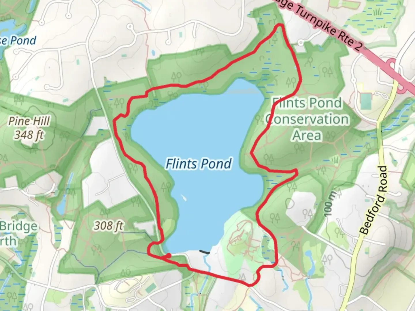 An image depicting the trail Flint's Pond Loop via Old Bedford Road Red and its surrounding area.