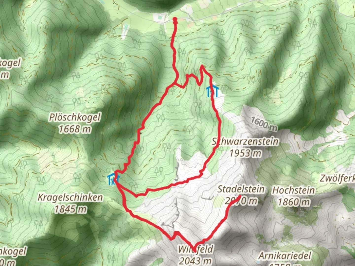 An image depicting the trail Wildfeld - Stadlstein and its surrounding area.
