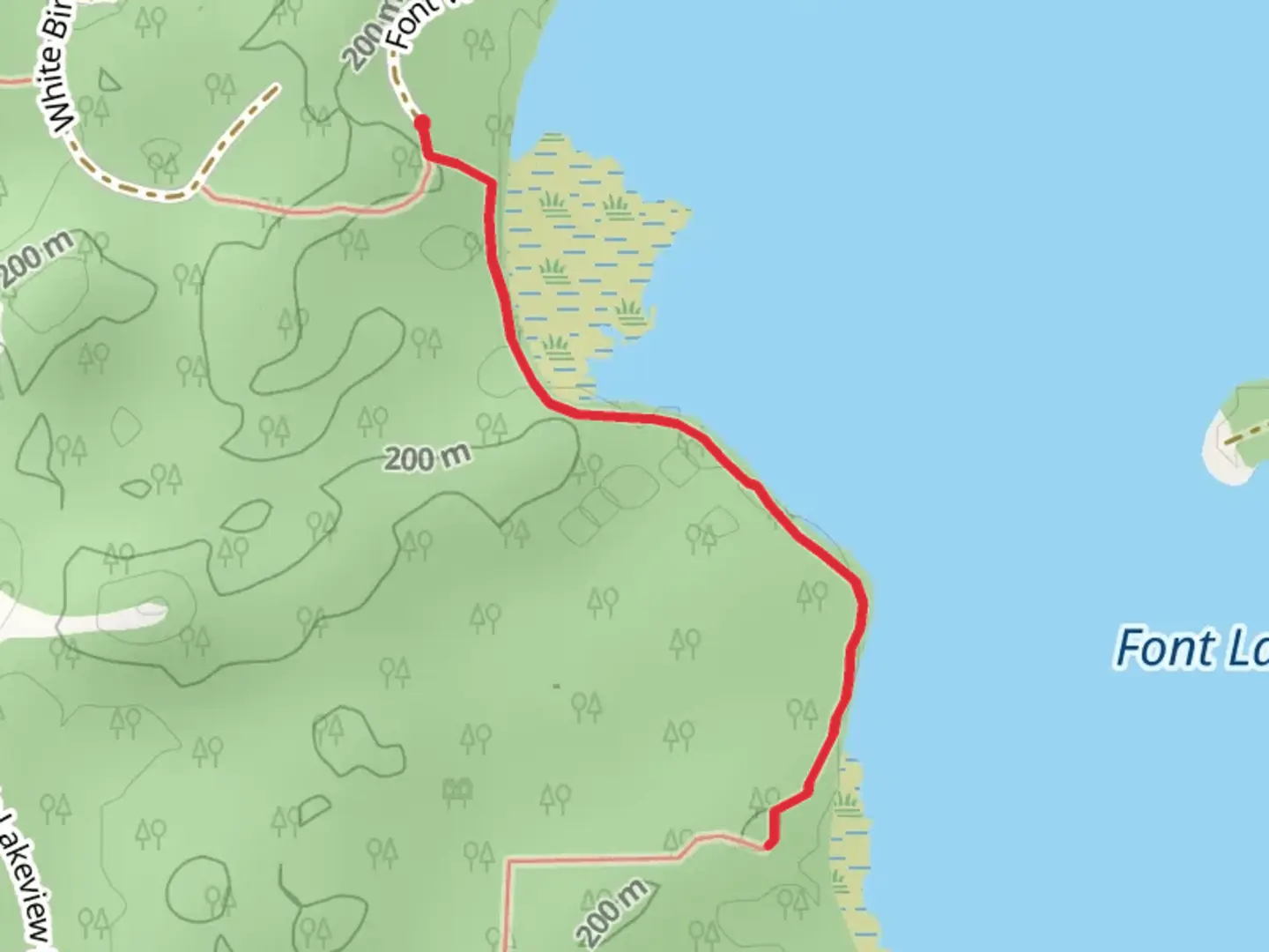 An image depicting the trail Font Lake Trail and its surrounding area.