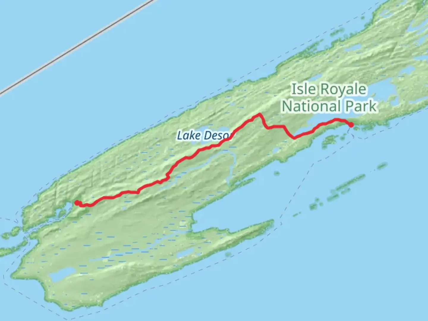 An image depicting the trail Greenstone Ridge and Ishpeming Trail from Windigo and its surrounding area.