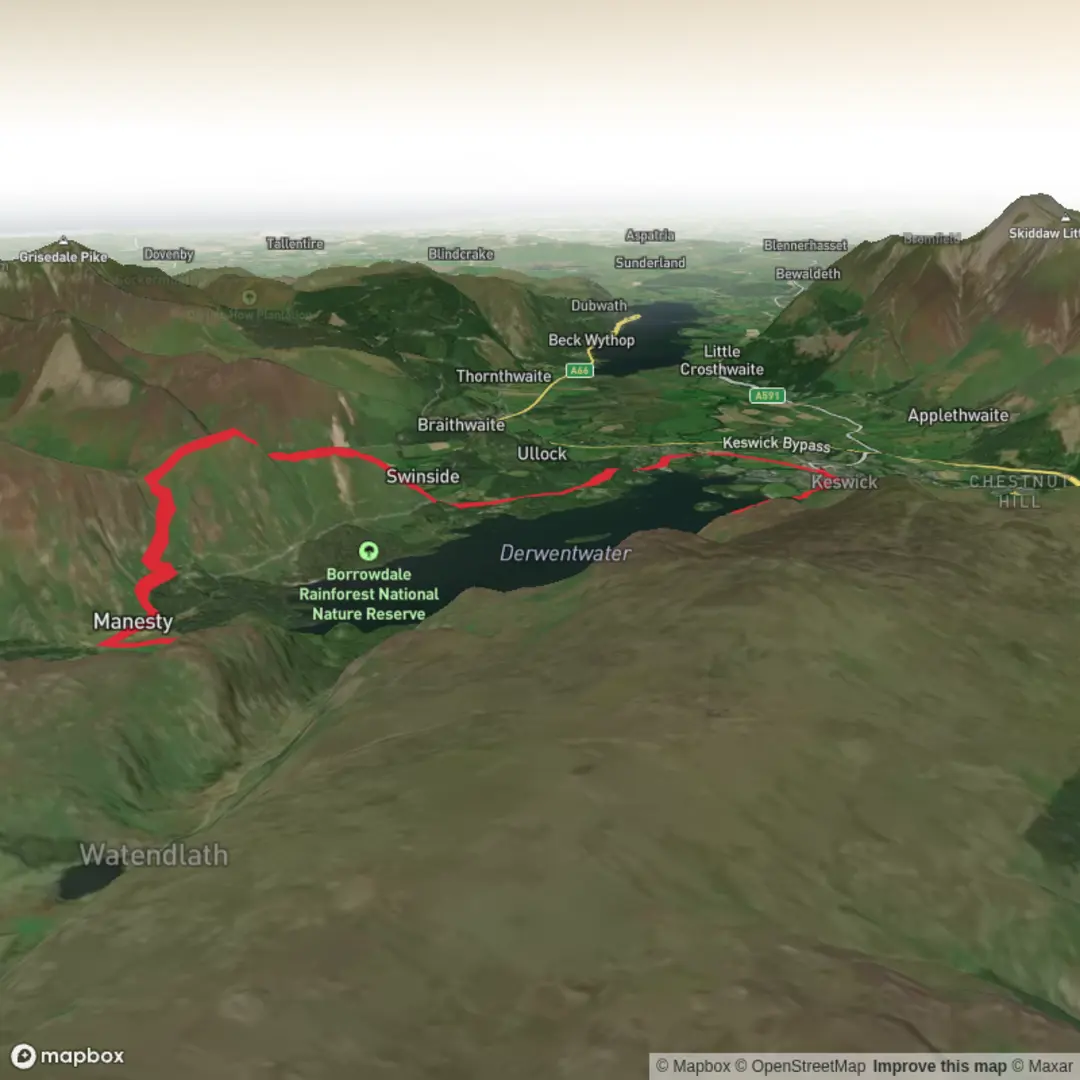 An image depicting the trail Catbells and Friars Crag Loop and its surrounding area.