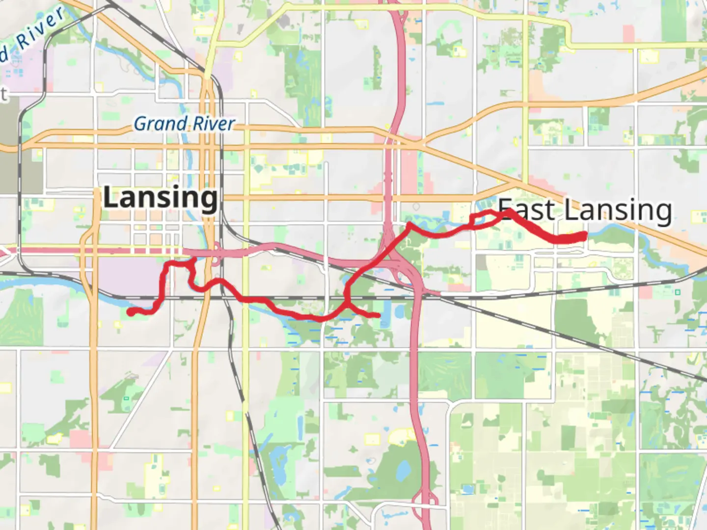 An image depicting the trail River Point Park, Potter Park, Crego Park and Kircher Park via Lansing River Trail and its surrounding area.