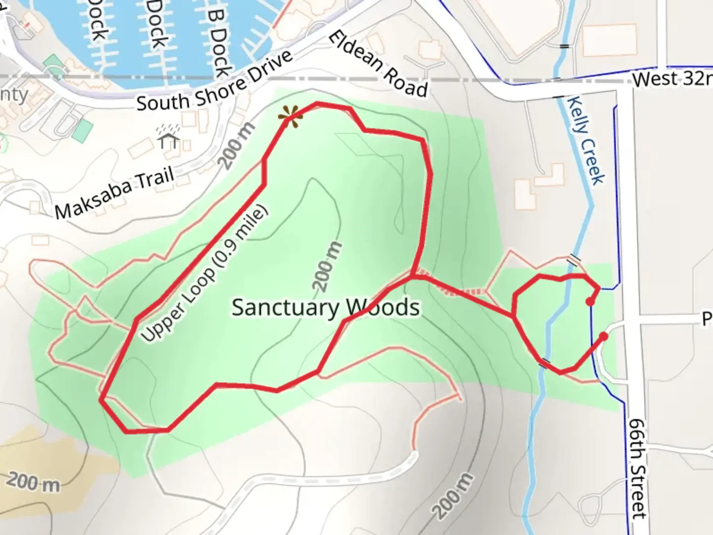 An image depicting the trail Sanctuary Woods Loop and its surrounding area.
