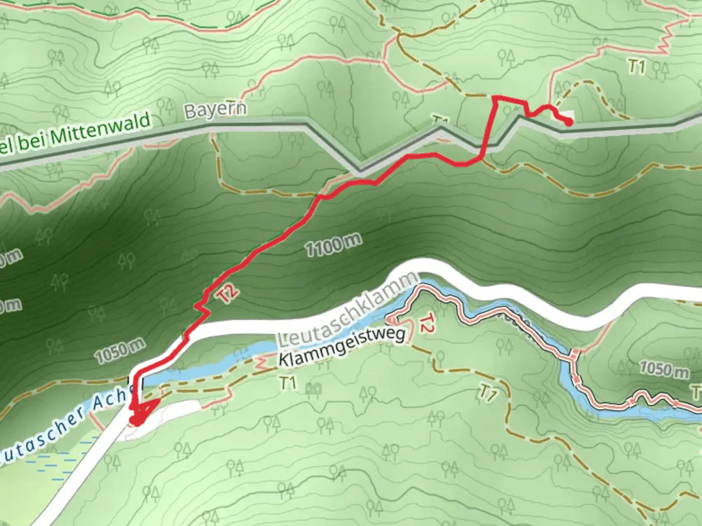 An image depicting the trail Klammstueberl to Berggasthaus Ederkanzel via Leutascher Ache and its surrounding area.
