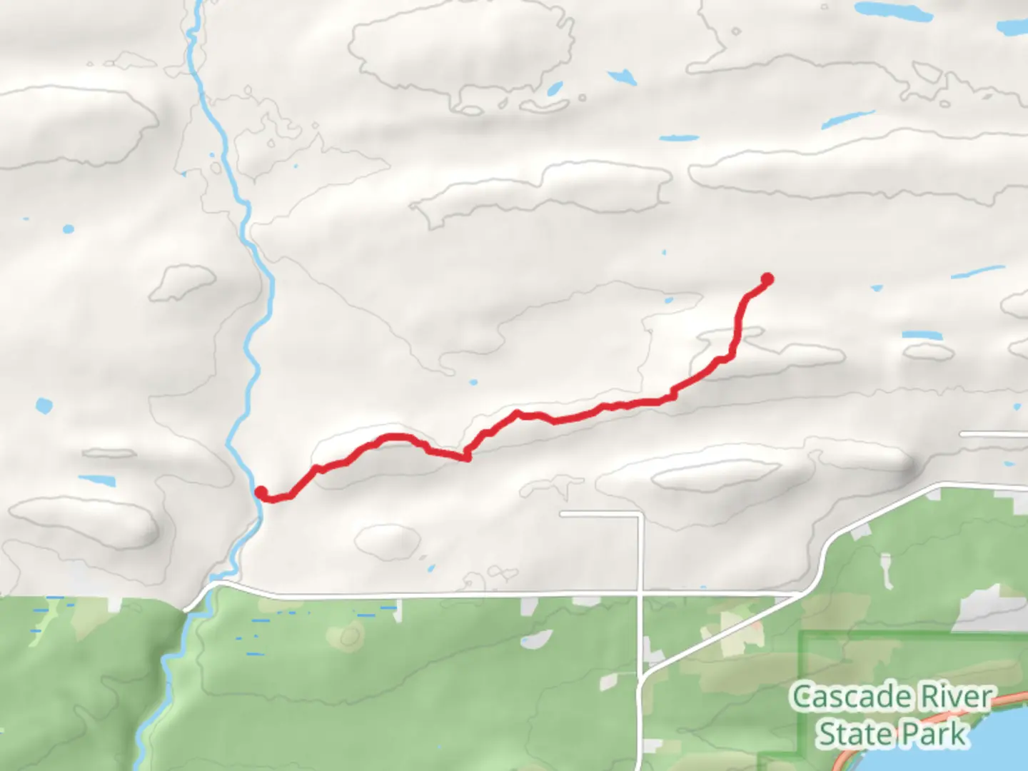 An image depicting the trail SHT Spur to Balley Creek Road and Superior Hiking Trail and its surrounding area.