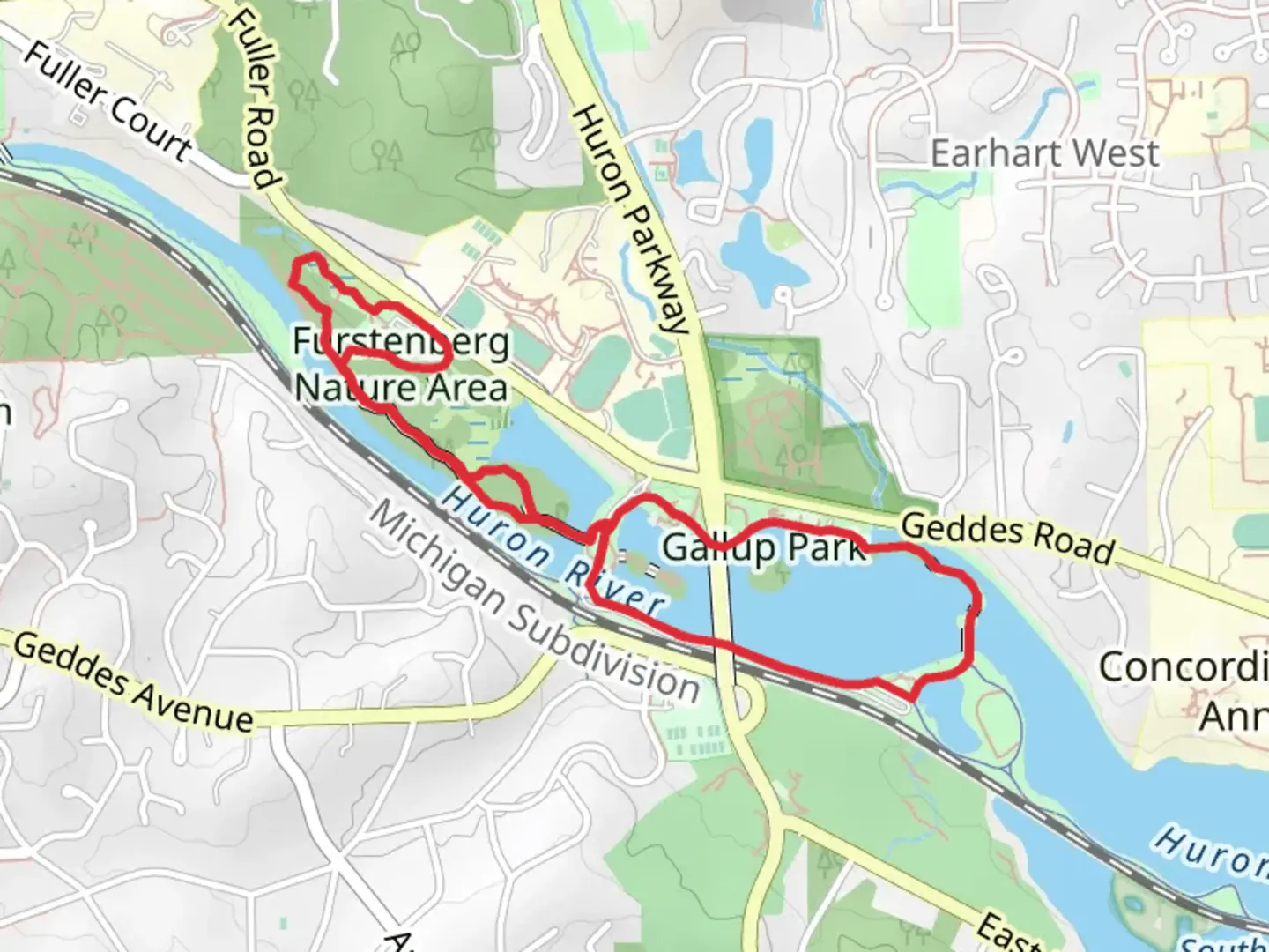 An image depicting the trail Furstenberg Nature Area and Gallup Park Loop and its surrounding area.