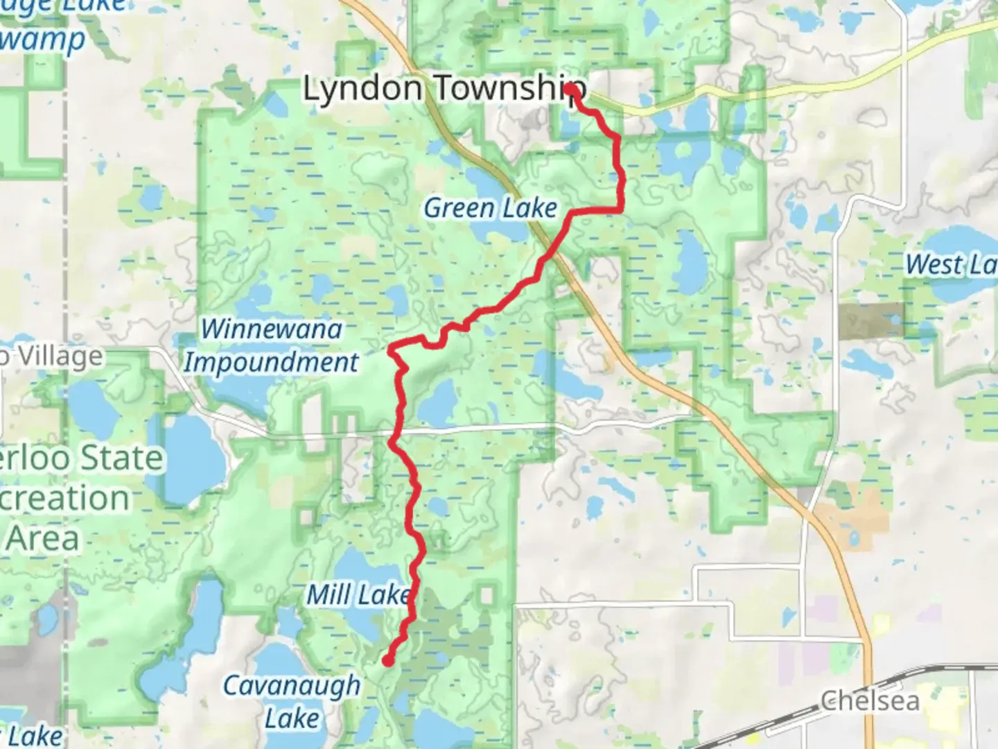 An image depicting the trail Waterloo-Pinckney Trail - Mill Lake and its surrounding area.