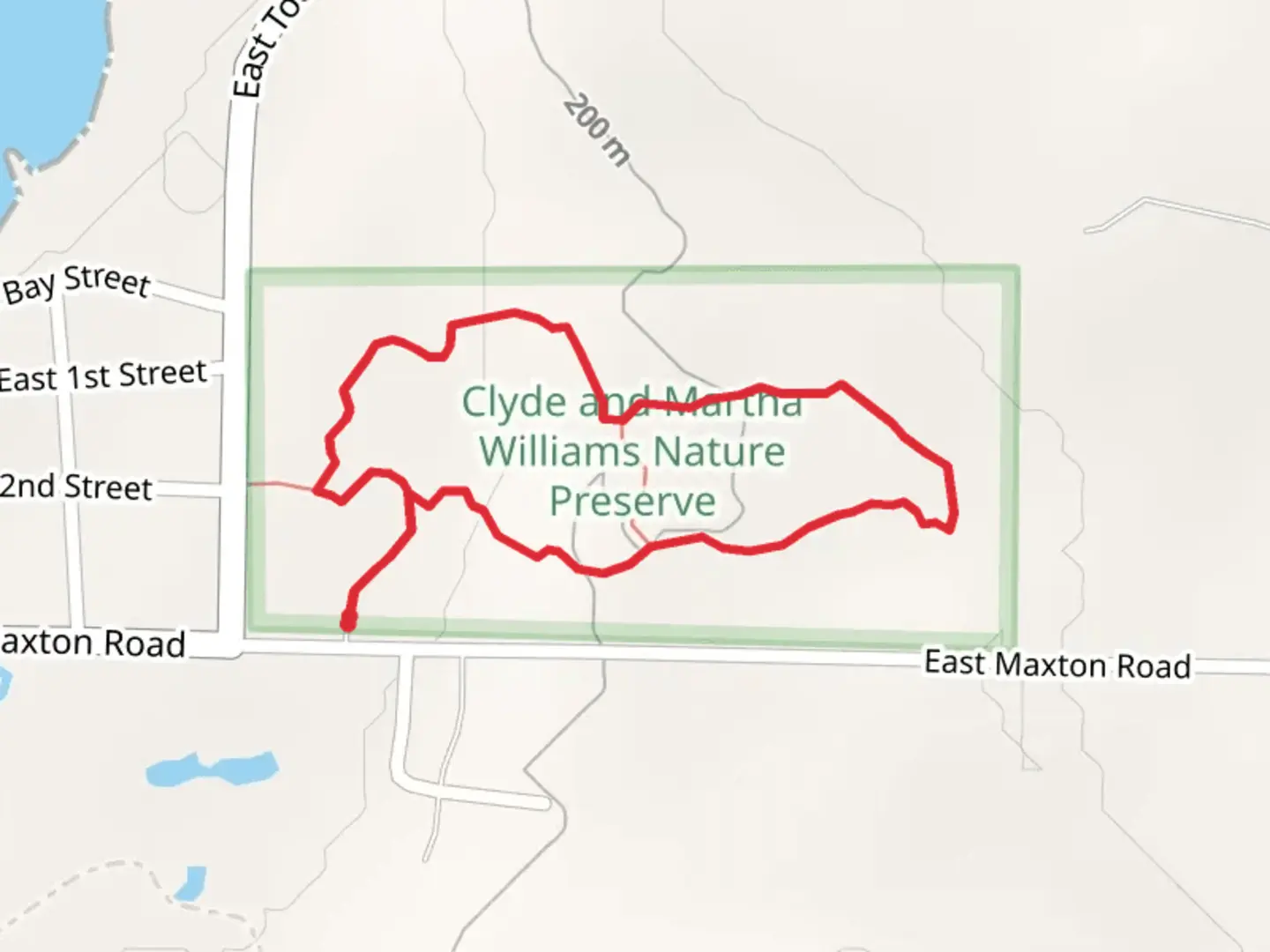 An image depicting the trail Clyde and Martha Williams Nature Preserve Loop and its surrounding area.
