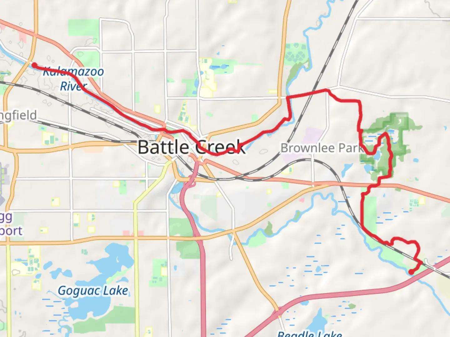 An image depicting the trail Battle Creek Linear Path from Jackson Street West and its surrounding area.