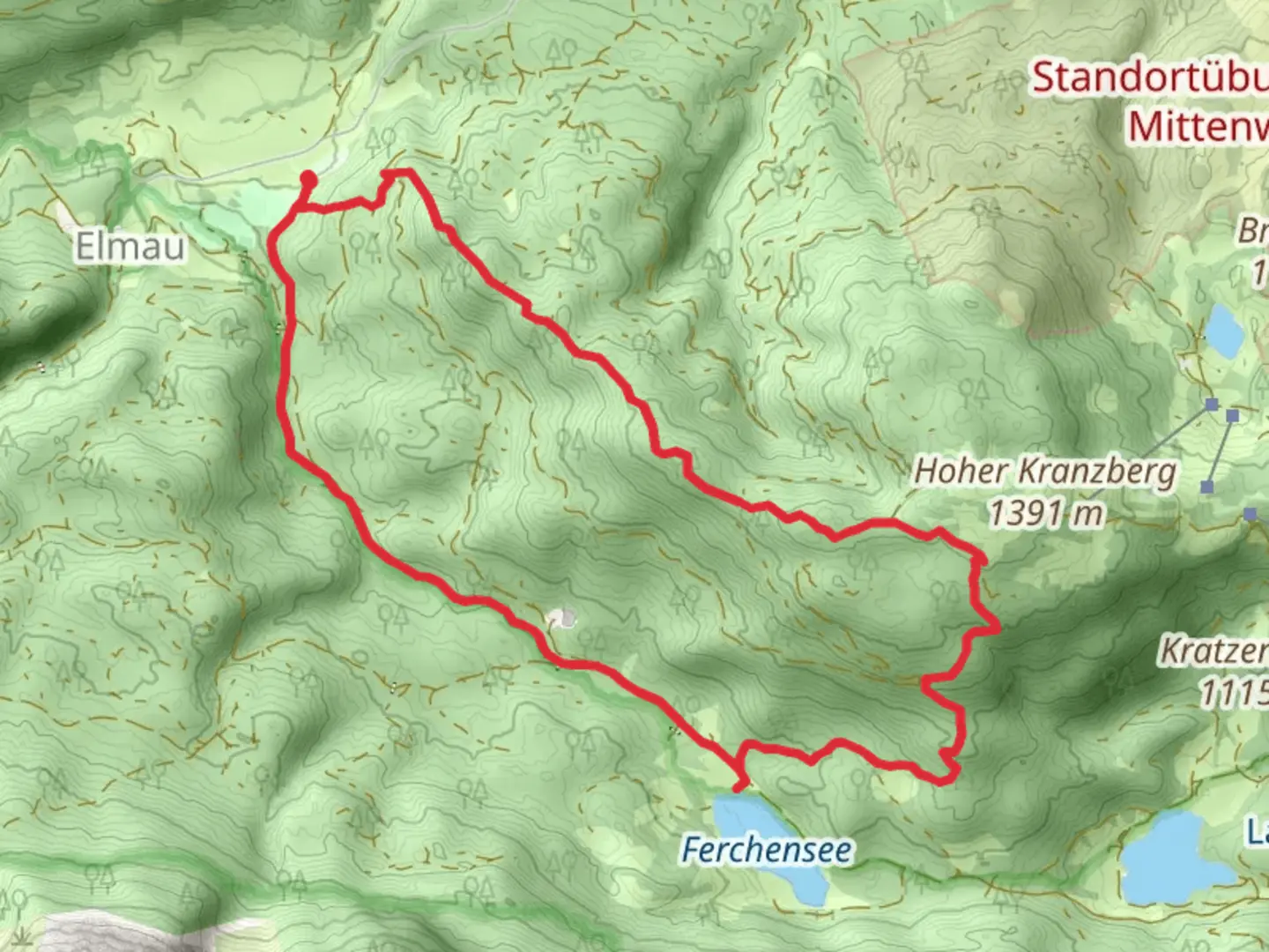 An image depicting the trail Kleiner Kranzberg, Auf der Hochbrücke and Ferchensee Loop via Wanderweg 811 and its surrounding area.