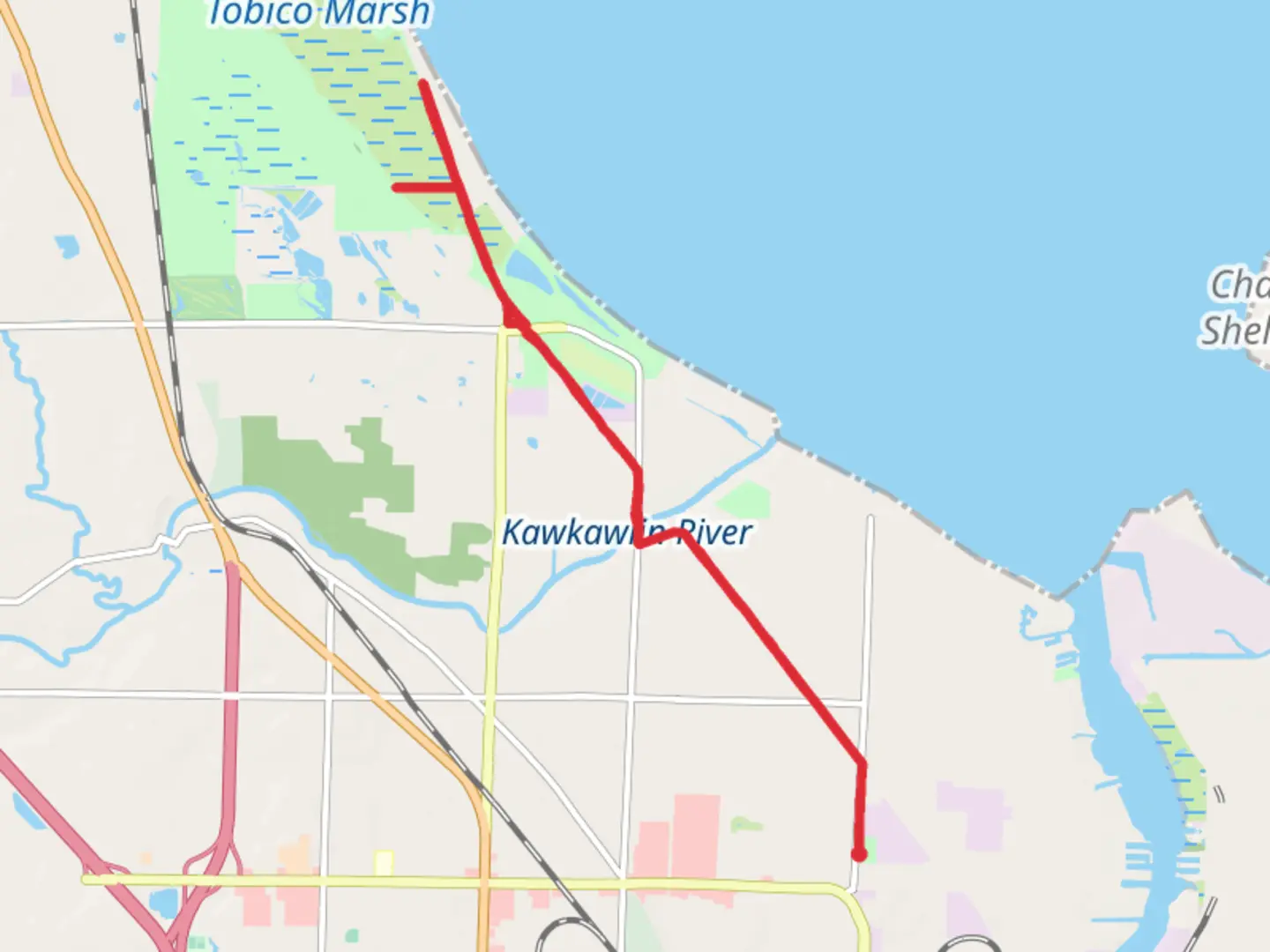 An image depicting the trail Kawkawlin River, Bay City State Park and Little Killarney Beach Walk and its surrounding area.