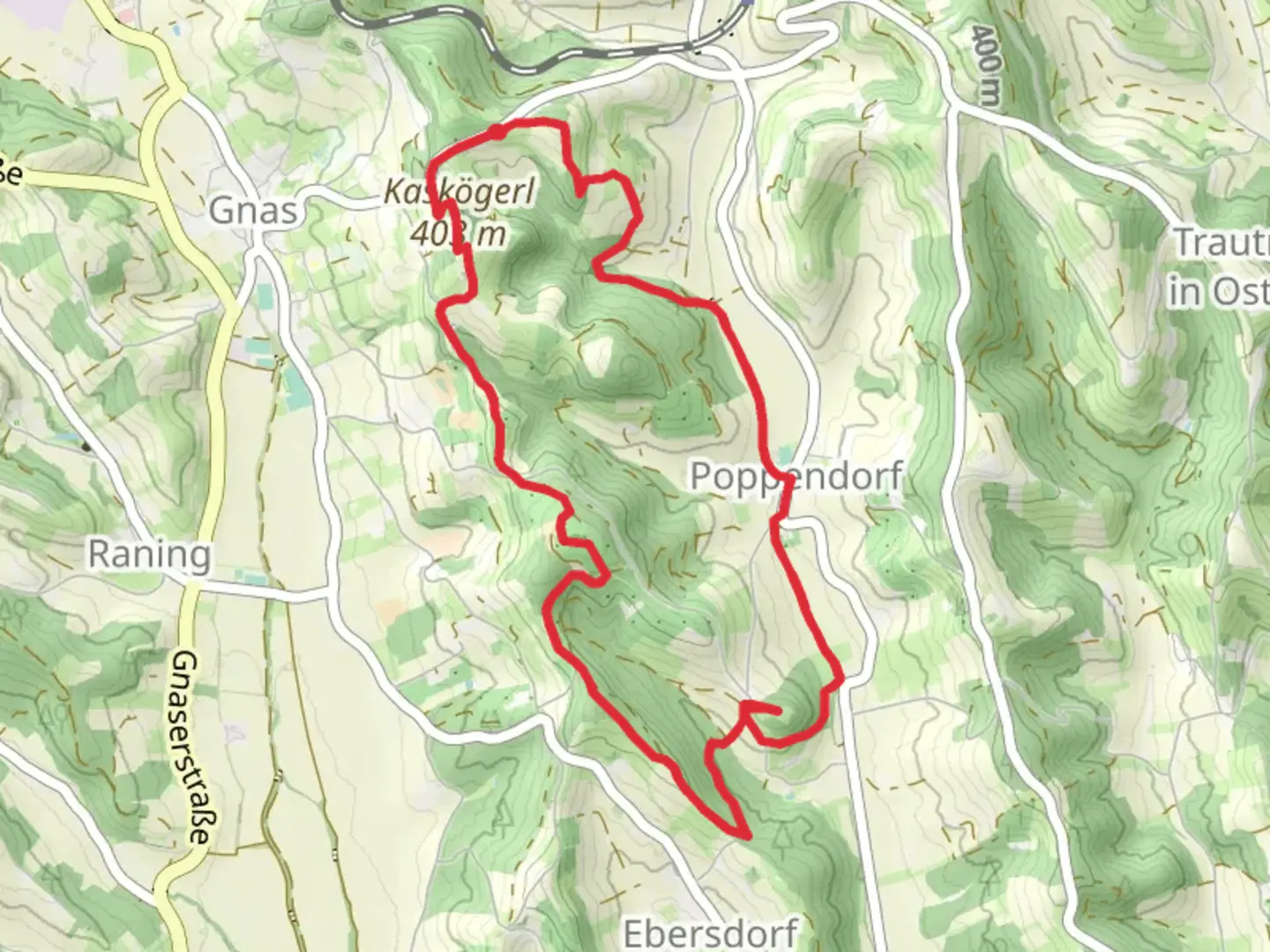 An image depicting the trail Kaskögerlweg - Poppendorf bei Gnas and its surrounding area.