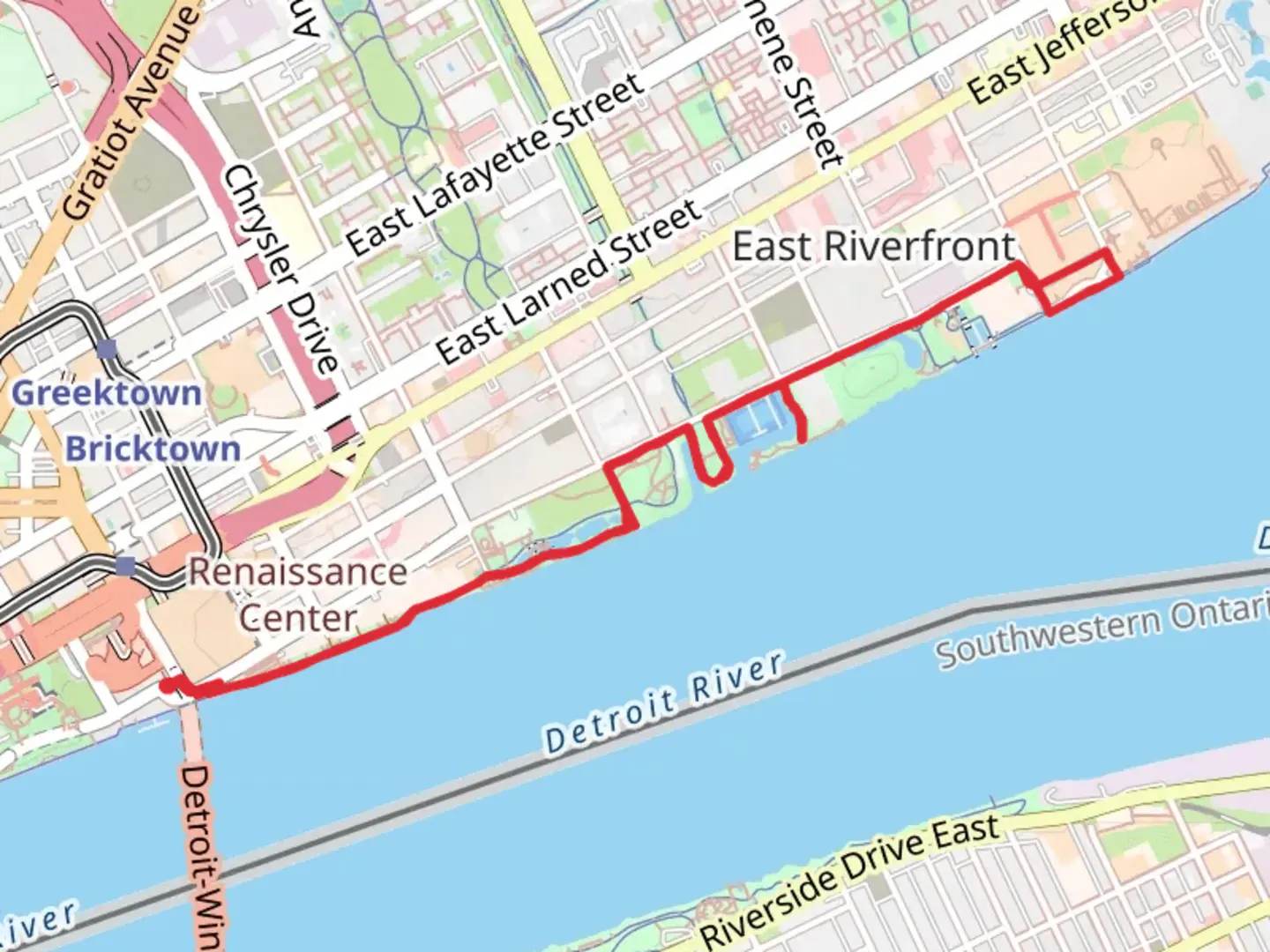 An image depicting the trail Detroit Riverwalk and its surrounding area.