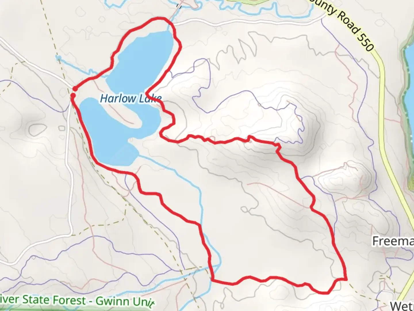An image depicting the trail Harlow Lake Loop and its surrounding area.