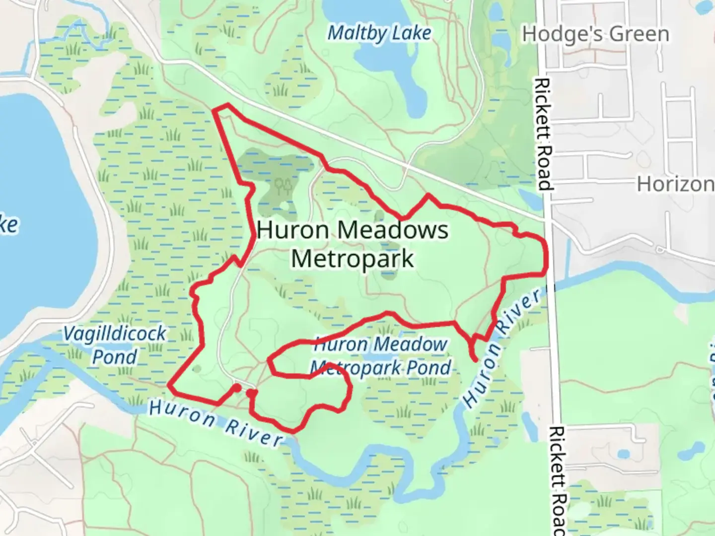 An image depicting the trail Huron Meadows Metropark Loop and its surrounding area.